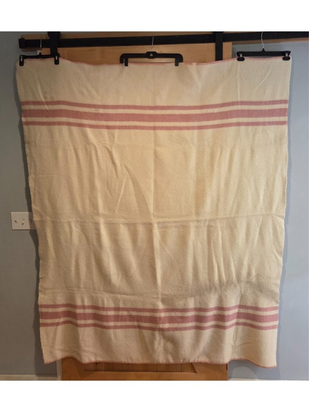 Vintage Wool Twin Blanket Pink Stripe 71x60. stains holes